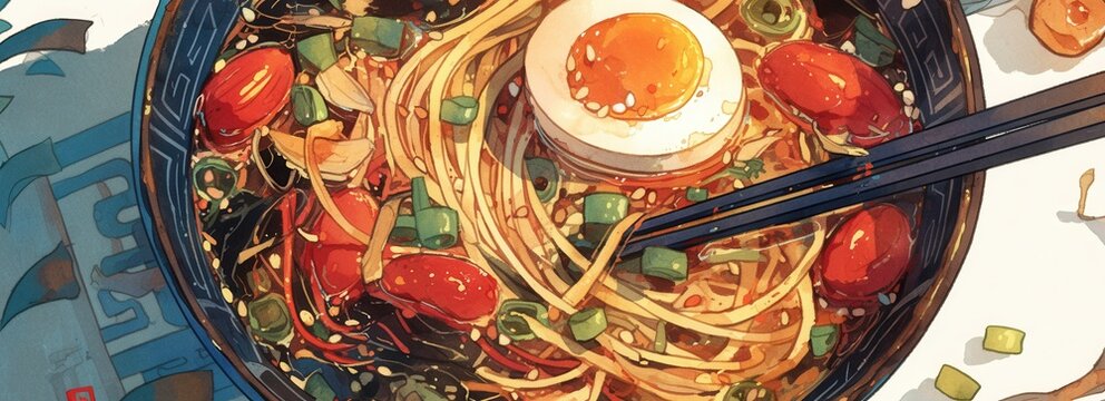 따뜻하고 맛있는 라멘 한 그릇, 삶은 달걀과 방울토마토, 파가 곁들여진 푸짐한 식사