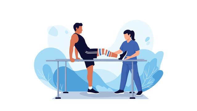 Female physical therapist helping a man with a bandaged leg perform specialized exercises on parallel bars in a modern medical clinic.