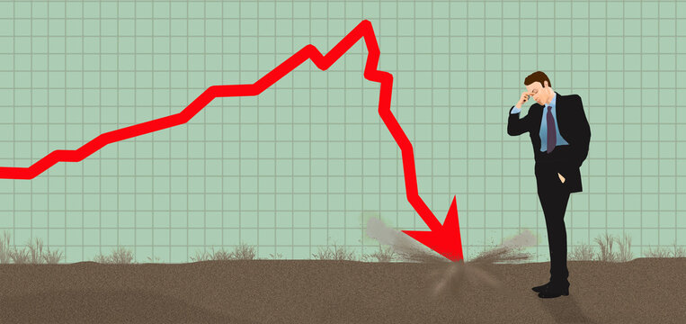 An investor holds his head as a stock market chart arrow crashes down into the dirt in a 3-d illustration.