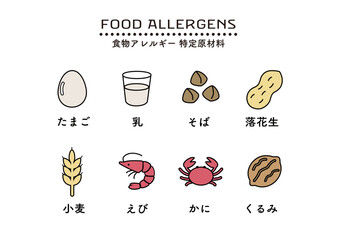食物アレルギー表示　アレルゲンのイラスト　マーク　アレルゲンのアイコン
