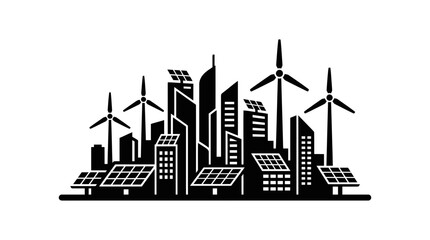 Fototapeta premium Silhouette of a futuristic sustainable city skyline with wind turbines, solar panels, and modern skyscrapers, symbolizing green energy and eco-friendly urban development.