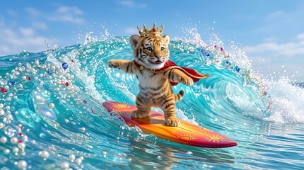 美しい南の海でサーフィンしている王様赤ちゃん虎