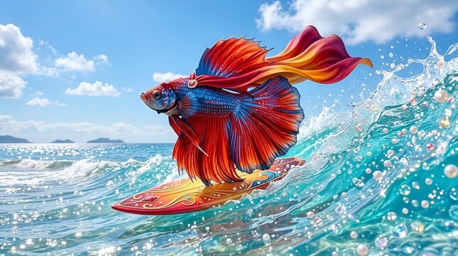 美しいマントをつけた魚のベタがサーフィンするシュールな風景