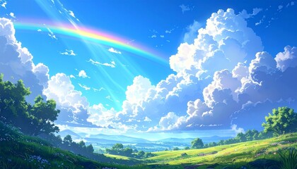 新緑と青空に輝く虹のイラスト　生成AI素材