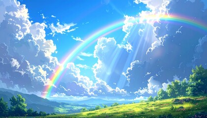 新緑と青空に輝く虹のイラスト　生成AI素材