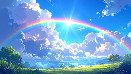 新緑と青空に輝く虹のイラスト　生成AI素材