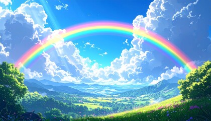 新緑と青空に輝く虹のイラスト　生成AI素材