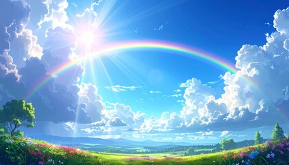 新緑と青空に輝く虹のイラスト　生成AI素材