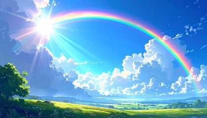 新緑と青空に輝く虹のイラスト　生成AI素材