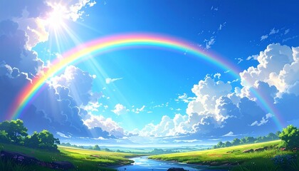 新緑と青空に輝く虹のイラスト　生成AI素材
