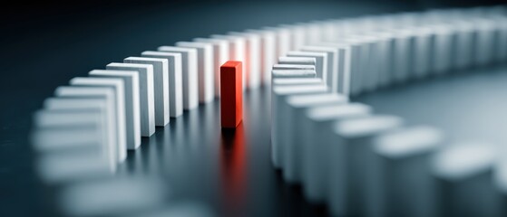 Fototapeta premium Strategic business growth concept white dominoes curving towards a red block corporate strategy environment close-up view