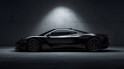Obraz premium Aerodynamic side profile of a luxury hypercar with orange brake calipers and striking dark aesthetic