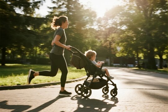Woman jogging with child in stroller on park pathway during sunny day