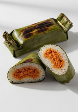 Realistic food photography of Indonesian lemper wrapped in banana leaf, one piece sliced open showing shredded chicken filling, clean white background, soft natural light, detailed rice texture, subtl
