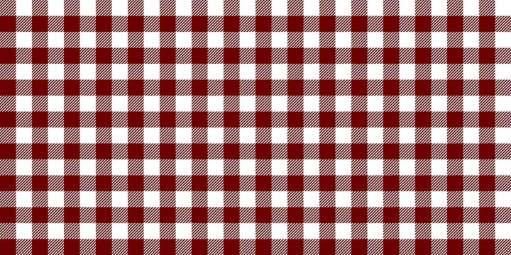 Maroon red gingham checkered pattern with diagonal stripes. Bold seamless plaid background for autumn decor, kitchenware, and traditional textiles.
