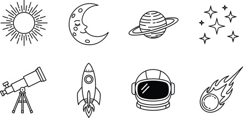 Space exploration outline icons vector set with rocket astronaut planet and astronomy symbols © Rubya