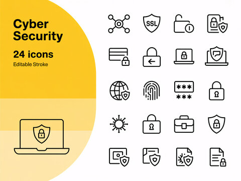 Cyber security icons set with 24 editable symbols
