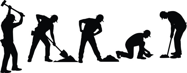 Construction worker silhouettes digging and hammering set, industrial laborers with shovel and tools, black isolated vector illustration for building repair and maintenance © SreeShoyagini