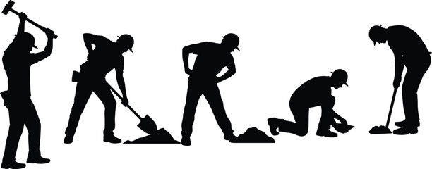 Construction worker silhouettes digging and hammering collection, industrial laborers with shovel and tools, black isolated vector illustration for building repair and maintenance concept © SreeShoyagini