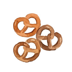 Hand drawn watercolor pretzel illustration, fresh baked German soft pretzel／プレッツェル