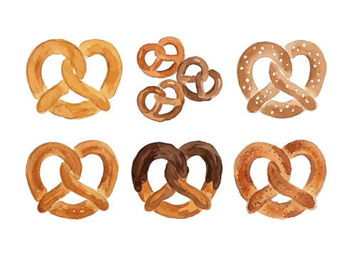 Hand drawn watercolor pretzel illustration, fresh baked German soft pretzel／プレッツェル