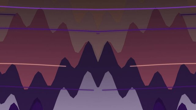 Abstract graphic design with purple and pink mountain-like shapes and horizontal lines on a gradient background.