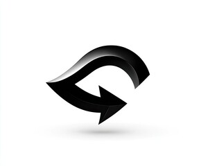 A glossy, black, stylized arrow in a looping design, on a bright white background