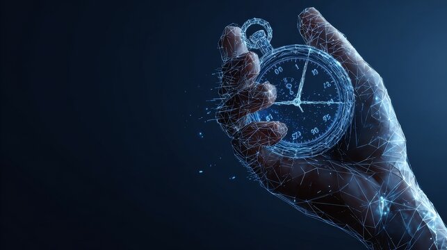 3d hand holding clock or stopwatch in dark blue background, Low poly wireframe vector illustration with 3D effect , copy space