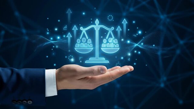 Online legal consultancy services for business employment labor law with hand scale balance providing expert advice legal solutions for fair