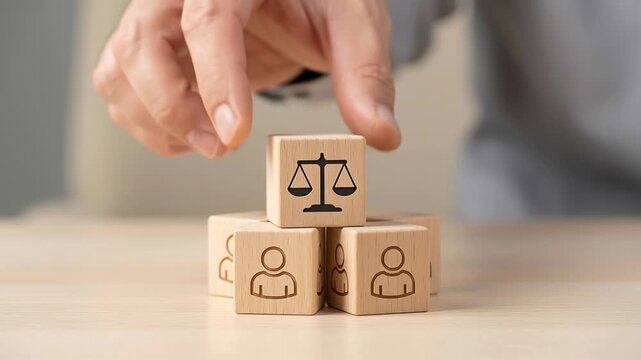 Legal consultancy online services for business employment labor law support with wooden blocks legal scales and person icons