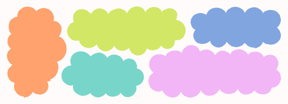 Cute Cloud Shapes Set. Fluffy Label Edges Forms with Texture. Vector Cartoon Bubble Frames for Photos, Labels, Stickers, Scrapbook Designs.