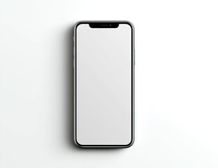 A top-down view of a modern smartphone with a blank, bright screen against a white background