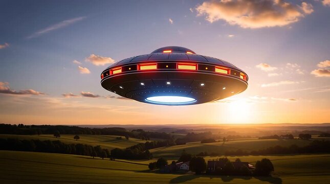 Futuristic UFO Hovering Over Rural Landscape at Sunset &ndash; Cinematic Sci-Fi Video