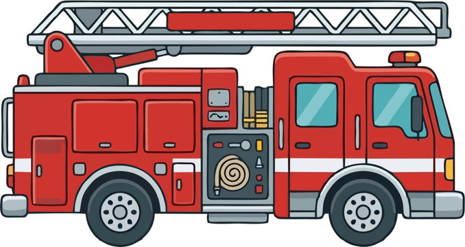 Red Fire Truck with Aerial Ladder, Cartoon Fire Engine Side View Vector Illustration