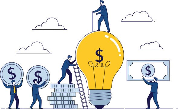 Business Innovation and Financial Growth Illustration Featuring Professionals Scaling Idea Development with Dollar Lightbulb and Currency Symbols
