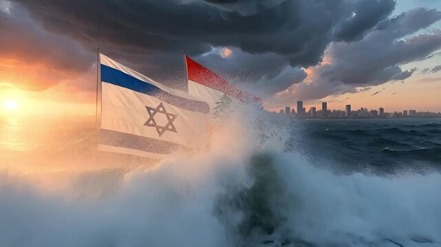 flags of israel and lebanon against a sea horizon and setting sun washed by rough waves representing complex geopolitical situation