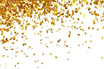 Floating golden confetti against a clean white background, creating a celebratory effect