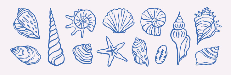 Vintage seashell ocean collection set. Hand drawn spiral, scallop, starfish and nautilus shells. Coastal summer print design vector illustration © ksania