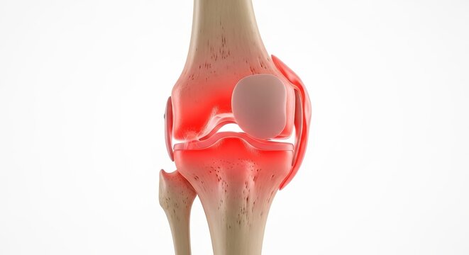 Lateral view of human knee joint showing patella displacement and ligament strain with red inflammation