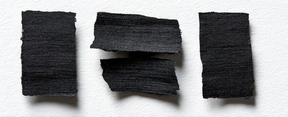 Three torn black rectangles on white background, varying shapes and textures