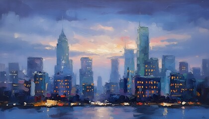 Obraz premium Cityscape at dusk with skyscrapers and waterfront at twilight from a distant viewpoint