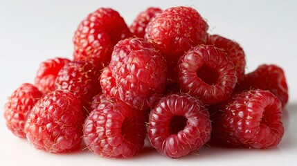 Sweet, ready-to-eat raspberries sit on a white surface.