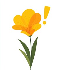 Simple illustration of a bright yellow flower with an exclamation point on a white background