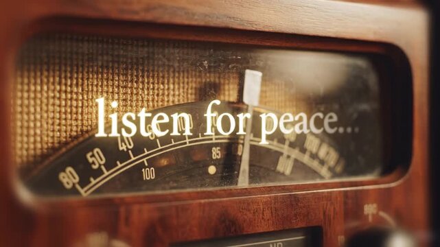 Close up vintage radio dial tuning across static then a child voice whisper becomes text listen for peace