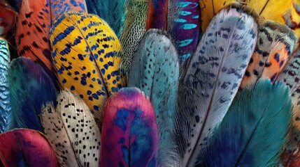 Naklejka premium Colorful feathers fill the background, seen up close.
