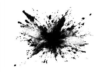 Black ink explosion on white backdrop, splatters radiating outwards from central mass