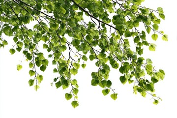 Lush green leaves on delicate branches against a bright white background