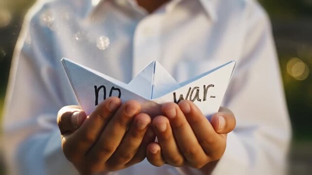 Slow motion montage of small hands passing a paper boat along a line the final boat bears the words no war