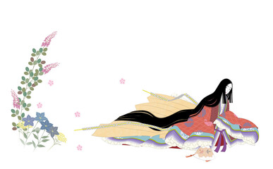 日本の伝統的な着物の正装。十二単衣の装束。秋の草花と平安女性。