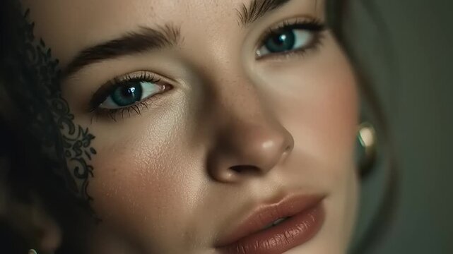 A woman's face with a minimal organic tattoo pattern on her skin is calmly displayed in a close-up video.
